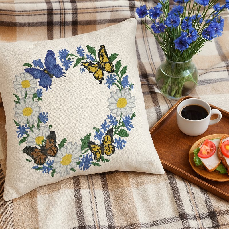 Daisy & Cornflower Butterfly Wreath Cross Stitch Pattern | 250x250 Floral - Image 2