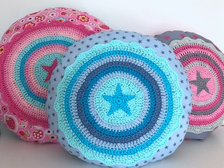 Sternkissen Shabby Stars Kissen, Rundkissen mit Stern, Häkelanleitung PDF