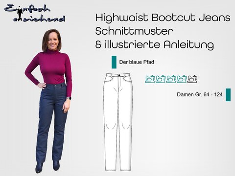 Schnittmuster High Waist Bootcut Jeans "Der blaue Pfad" Damen Gr. 64 - 124