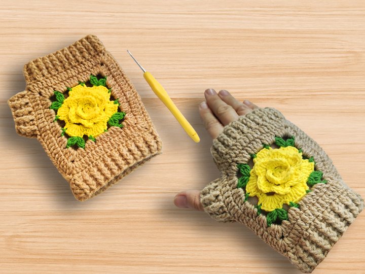 Crochet Flower Fingerless Gloves – PDF + Video Tutorial (English Only)