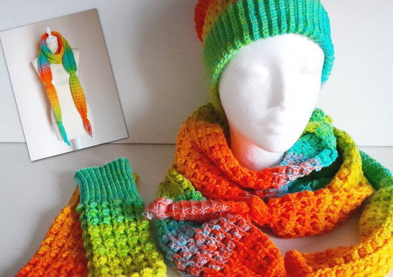 Winterset "Kunterbunt" Schal, Beanie und Handstulpen Häkelanleitung