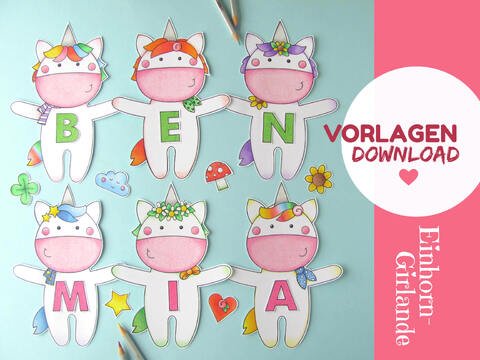 Einhörner zum Ausmalen und Basteln für Namensketten, Karten, Tischdeko