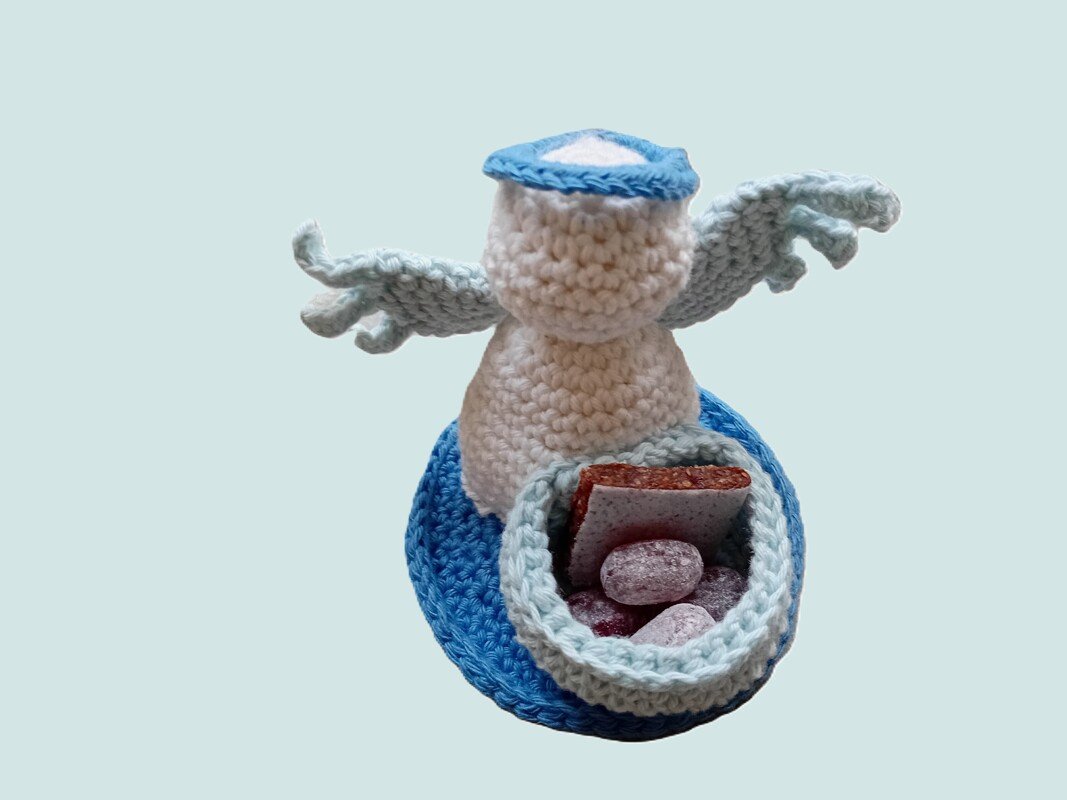 Engel mit Schale zum Befüllen mit Nüssen, Rosinen, Süßigkeiten, häkeln - Bild 3