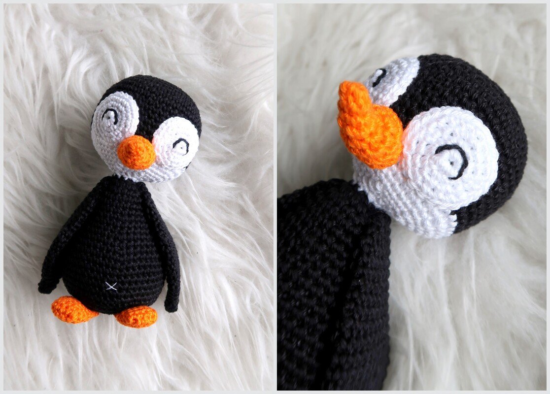 Handgehäkelter Amigurumi-Pinguin in Schwarz-Weiß mit orangenem Schnabel und Füßen auf hellem Untergrund
