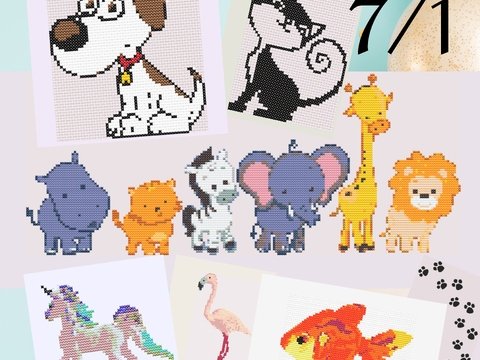 Kindermotiv-Kreuzstich. Katze, Hund, Einhorn, Flamingo, Dschungeltiere