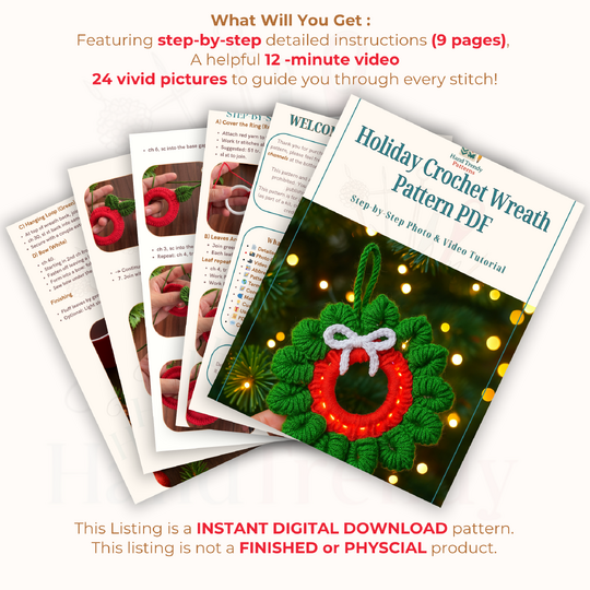 Holiday Crochet Wreath Pattern PDF, DIY Red Green Xmas Decoration Guide