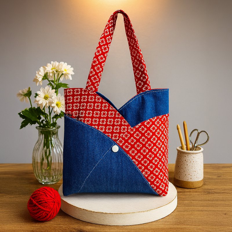 Red Patchwork Tote Bag Pattern - PDF Sewing Pattern Japanese Style Denim - Image 2
