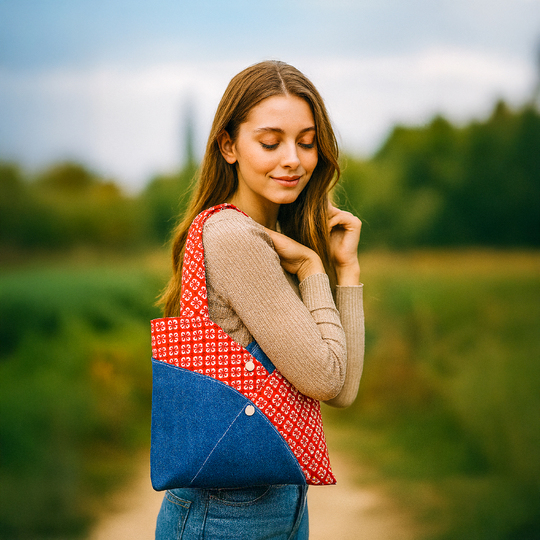 Red Patchwork Tote Bag Pattern - PDF Sewing Pattern Japanese Style Denim