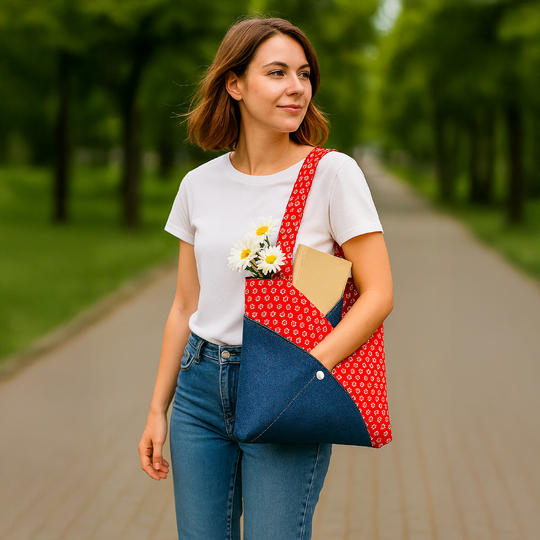 Red Patchwork Tote Bag Pattern - PDF Sewing Pattern Japanese Style Denim