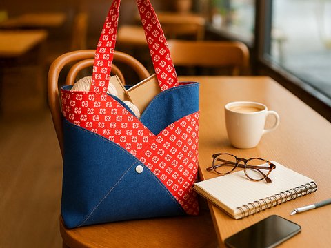 Red Patchwork Tote Bag Pattern - PDF Sewing Pattern Japanese Style Denim