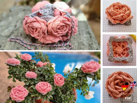 Häkelanleitung, 3D-Motiv, Rose, Granny Square