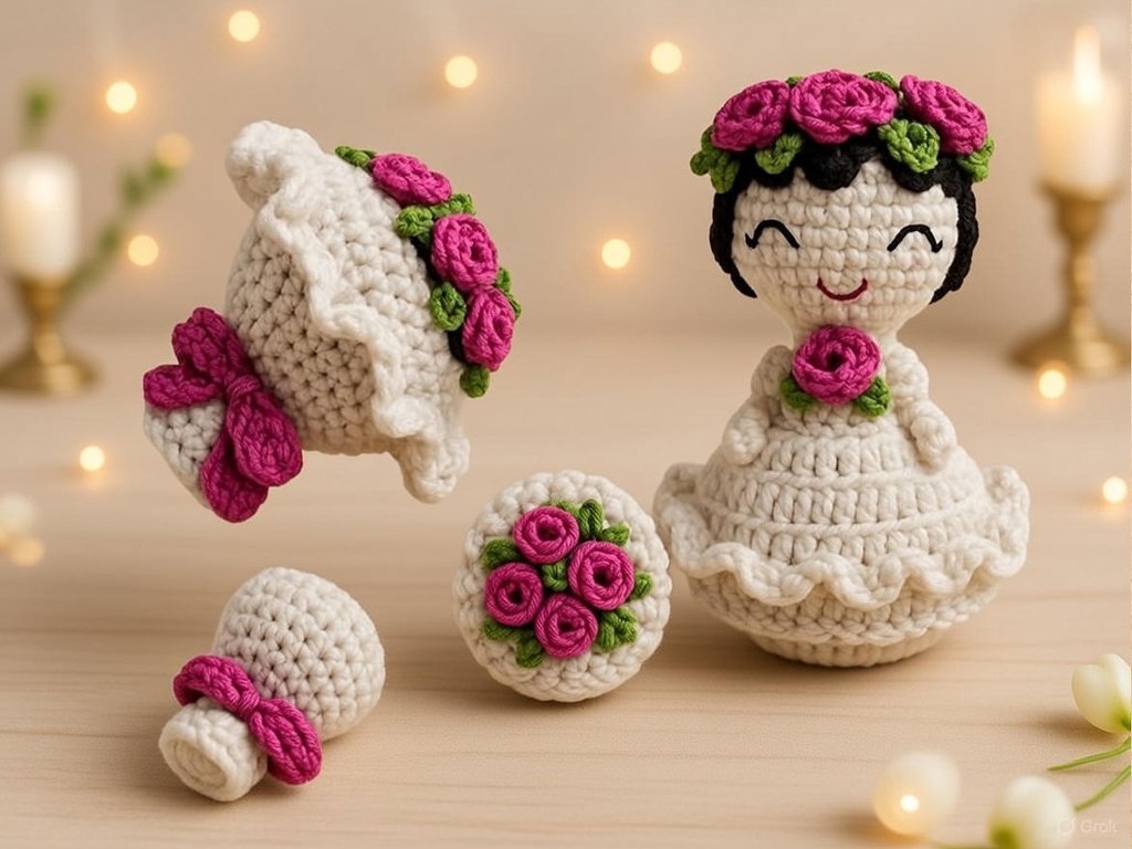 Crochet amigurumi bride doll in a white dress with a pink rose crown and a matching bouquet, with small crochet accessories beside it