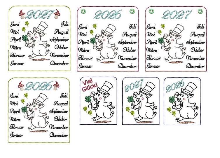 Stickdatei ITH Tischkalender Schweinchen Glücksbringer