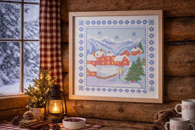 Winter Village Cross Stitch Pattern | Cozy Scandinavian Winter Embroidery