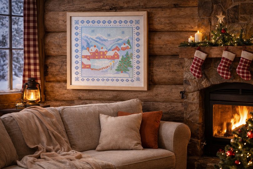 Winter Village Cross Stitch Pattern | Cozy Scandinavian Winter Embroidery