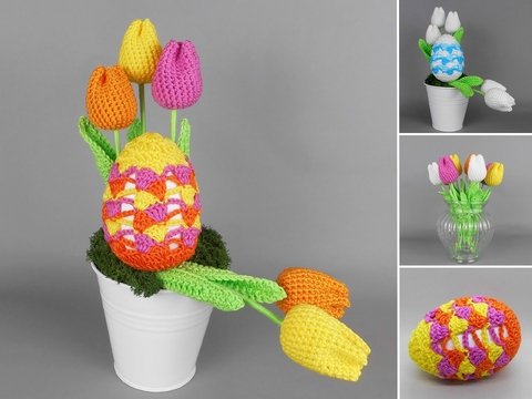 Häkelanleitung Osterdeko mit buntem Osterei und Tulpen aus Wollresten