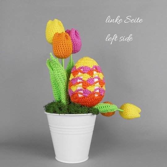 Häkelanleitung Osterdeko mit buntem Osterei und Tulpen aus Wollresten