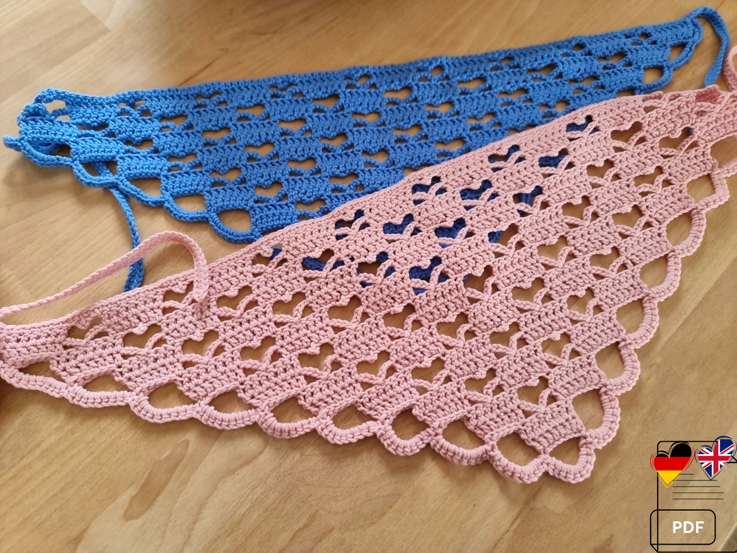 H3 Crochet pattern for a headscarf with a heart motif. Crochet bandana