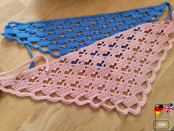 H3 Crochet pattern for a headscarf with a heart motif. Crochet bandana