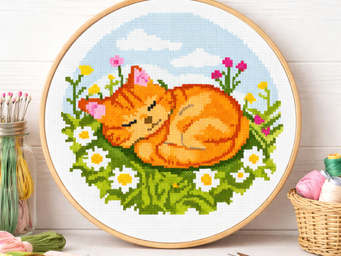 Ginger Cat Cross Stitch Pattern | Cute Nursery & Daycare Embroidery PDF