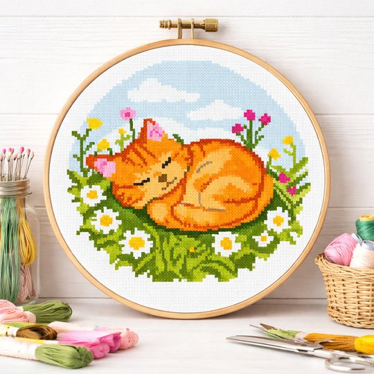 Ginger Cat Cross Stitch Pattern | Cute Nursery & Daycare Embroidery PDF