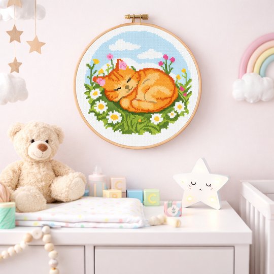 Ginger Cat Cross Stitch Pattern | Cute Nursery & Daycare Embroidery PDF