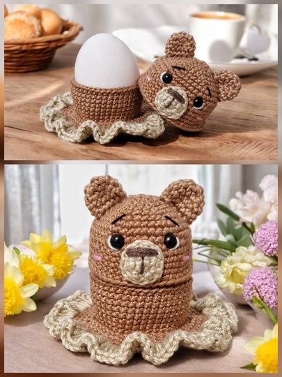 PDF Häkelanleitung Süßer Eierwärmer mit Becher Bär und Küken