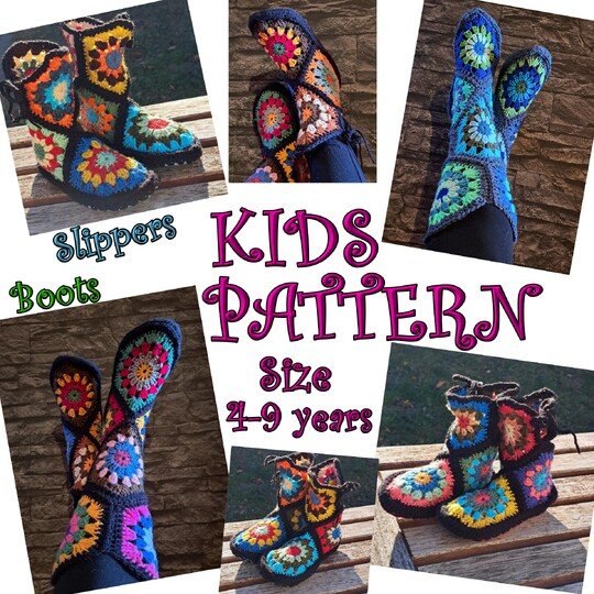 CROCHET PATTERN * KIDS SLiPPERS * BOOTS * - HeXagon * Use leftovers, scraps
