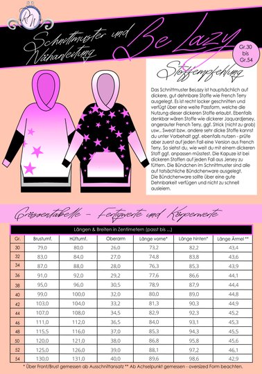 E-Book Schnittmuster BeLazy Damenhoodie Gr. 30 bis 54
