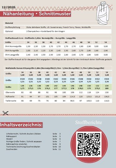Schnittmuster Damenshirt Lani Gr. 34-54 Normalgröße 1,68m