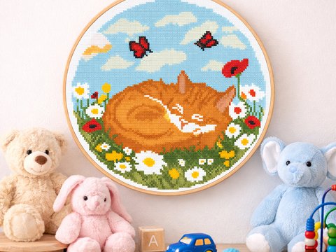Sleeping Ginger Cat Cross Stitch Pattern | Daycare & Nursery Wall Decor