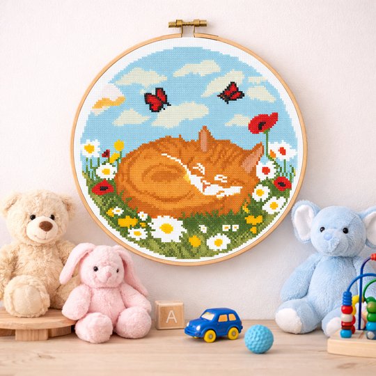 Sleeping Ginger Cat Cross Stitch Pattern | Daycare & Nursery Wall Decor