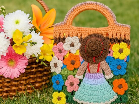 Flower Garden Tote – Crochet Bag Pattern PDF with Girl & Floral Appliqués