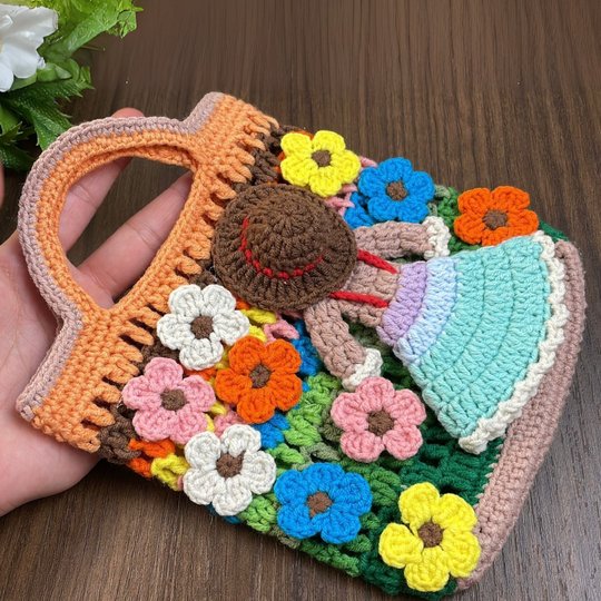 Flower Garden Tote – Crochet Bag Pattern PDF with Girl & Floral Appliqués