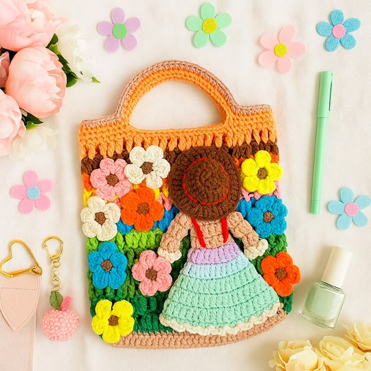 Flower Garden Tote – Crochet Bag Pattern PDF with Girl & Floral Appliqués