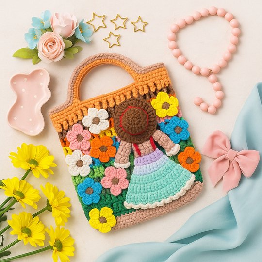 Flower Garden Tote – Crochet Bag Pattern PDF with Girl & Floral Appliqués