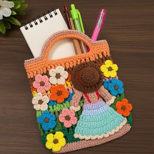 Flower Garden Tote – Crochet Bag Pattern PDF with Girl & Floral Appliqués
