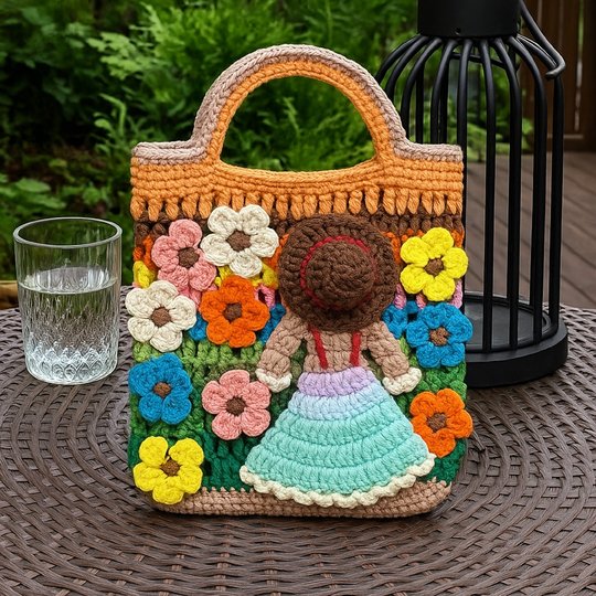Flower Garden Tote – Crochet Bag Pattern PDF with Girl & Floral Appliqués
