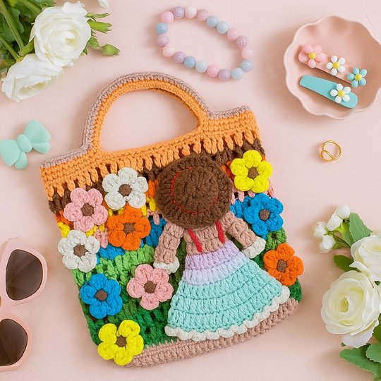 Flower Garden Tote – Crochet Bag Pattern PDF with Girl & Floral Appliqués