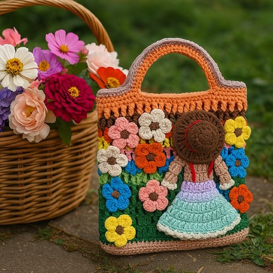 Flower Garden Tote – Crochet Bag Pattern PDF with Girl & Floral Appliqués