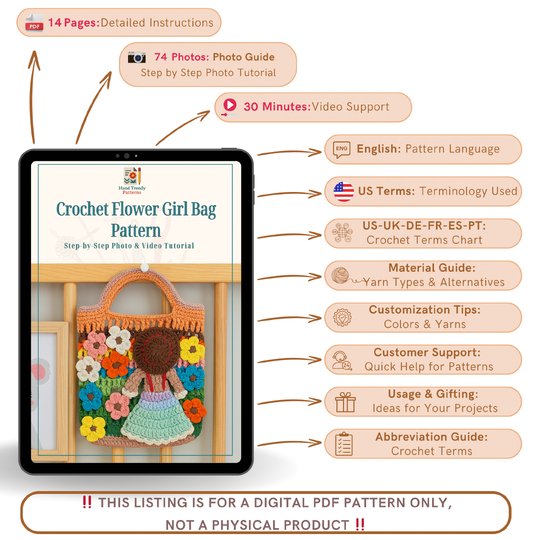 Flower Garden Tote – Crochet Bag Pattern PDF with Girl & Floral Appliqués