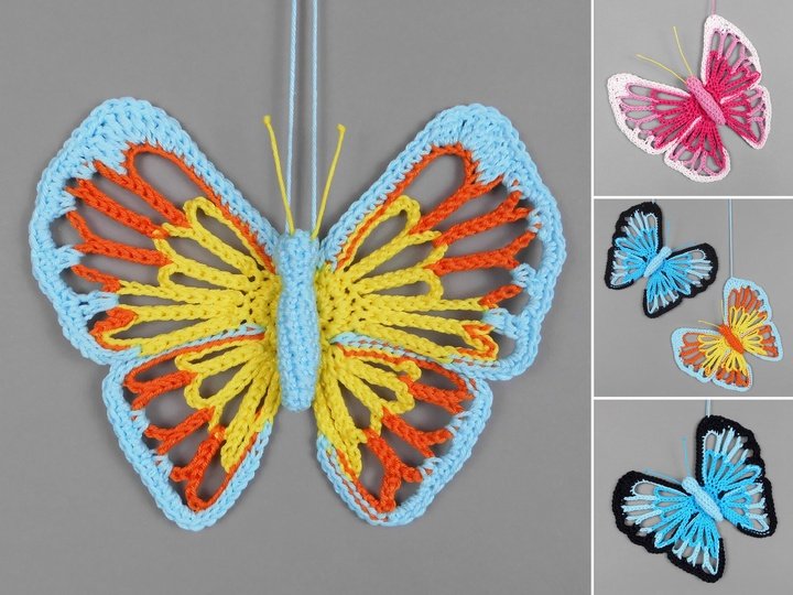 Großer, bunter Schmetterling - Dekohänger aus Wollresten - Häkelanleitung