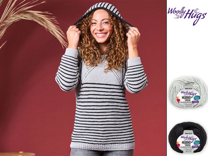 PULLI ELENORE, KAPUZENPULLI MIT STREIFEN gestrickt