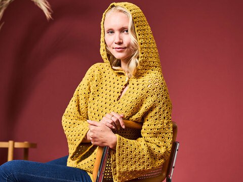 HÄKELPULLI ELLA, KAPUZENPULLI MIT KNOPF, gehäkelt