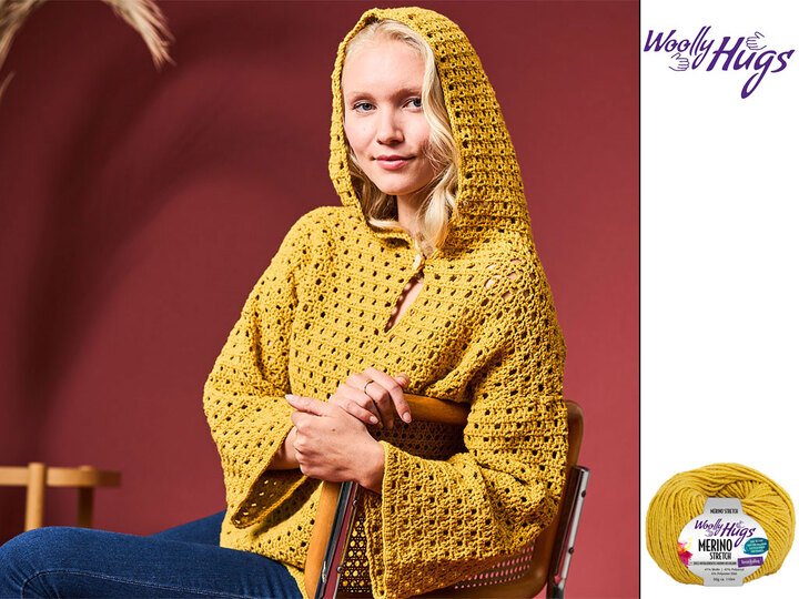 HÄKELPULLI ELLA, KAPUZENPULLI MIT KNOPF, gehäkelt