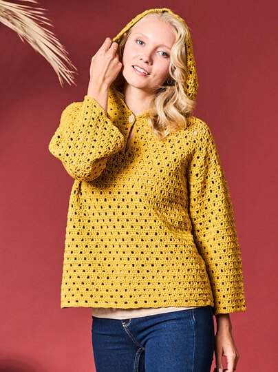 HÄKELPULLI ELLA, KAPUZENPULLI MIT KNOPF, gehäkelt