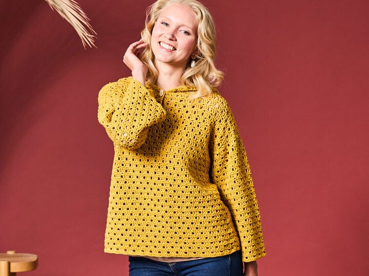 HÄKELPULLI ELLA, KAPUZENPULLI MIT KNOPF, gehäkelt