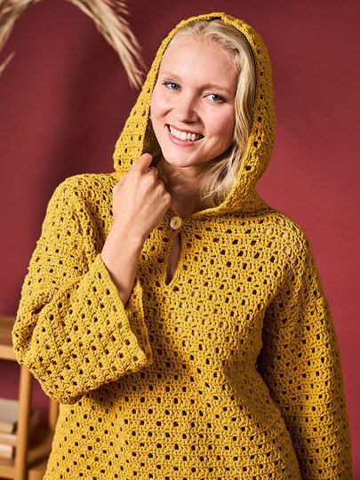 HÄKELPULLI ELLA, KAPUZENPULLI MIT KNOPF, gehäkelt