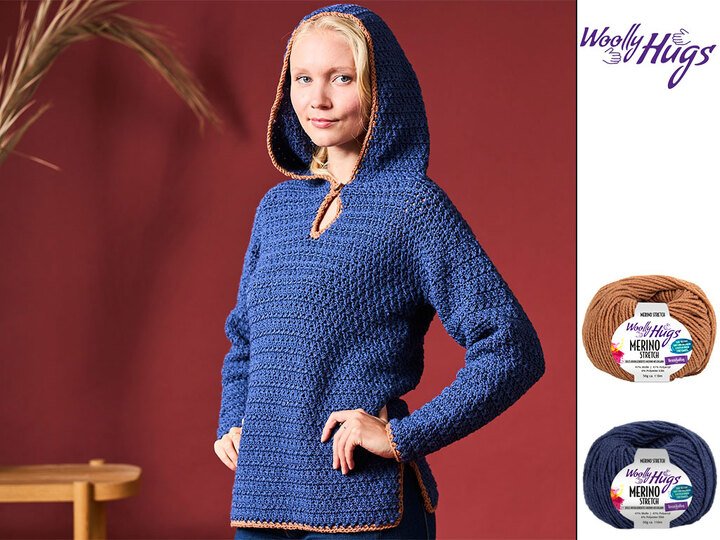 PULLI ELIANE, KAPUZENPULLI MIT FARBKANTE, gehäkelt