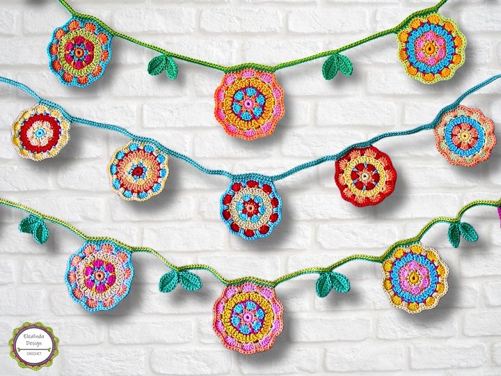Crochet Pattern Flower Garland Bunting, Spring Floral Decor, PDF tutorial